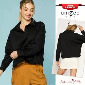 Umgee Collared Neck Long Sleeves Raw Hem Details Side Slit Sweatshirt | Black